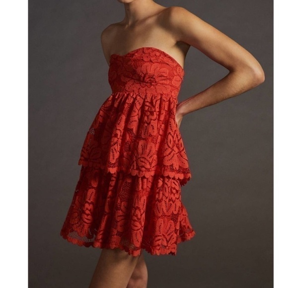 NEW Anthropologie Maeve Red Maeve Strapless Lace Mini Dress - Picture 1 of 11